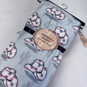 Desert Dust Oversized‎ Throw Blanket Cowboy Hat Cactus Print Cozy Blue 60x70 New